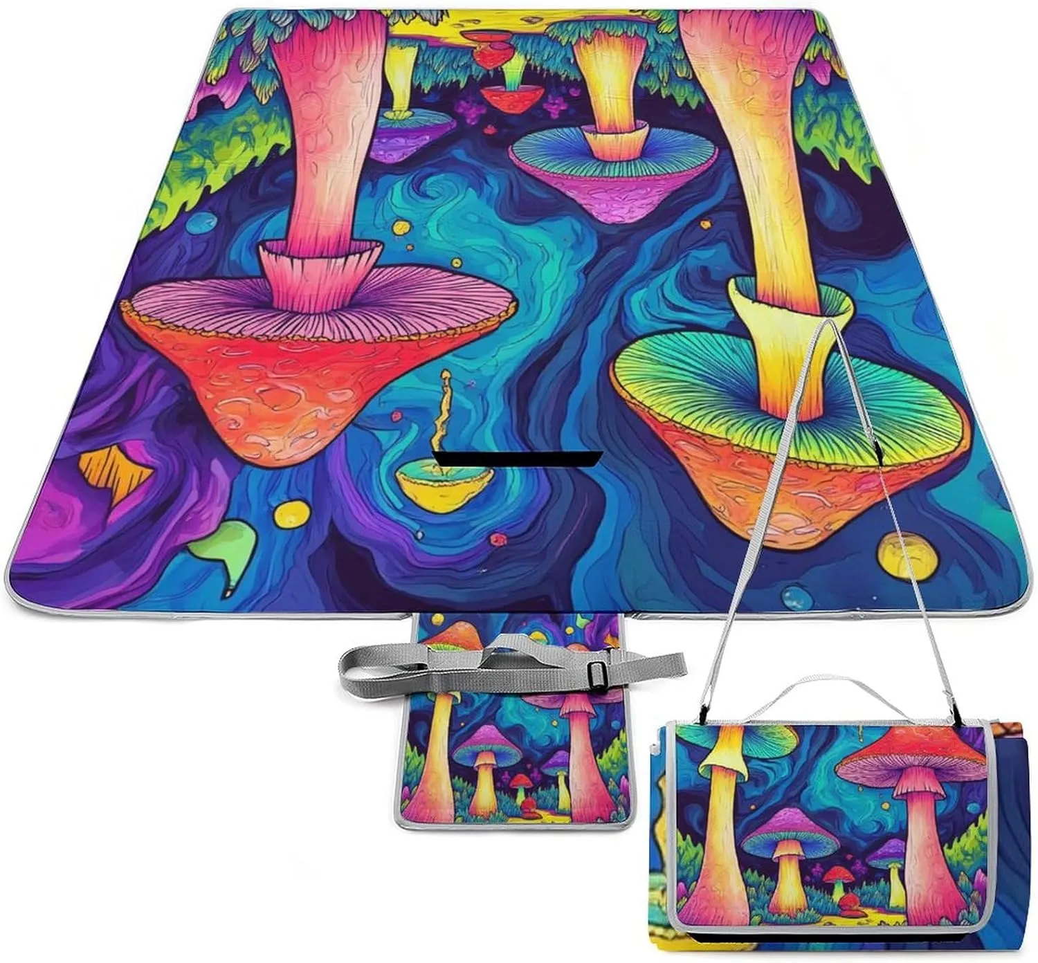 Fashion Beach Mat for Women Men Unisex, Sandproof Trippy Magic Mushrooms Art Blanket Easy to Clean, Waterproof Blanket for Camping Picnic