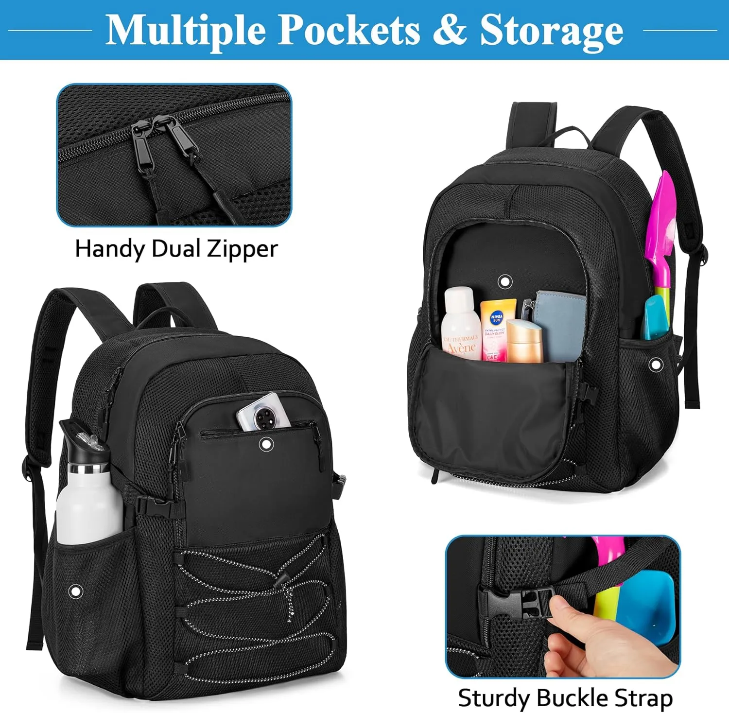 Fasrom Mesh Beach Bag Backpack with Wet Item Pocket, Swim Backpack for Pool, Travel and Gym (Patent Design, Empty Bag Only), Black