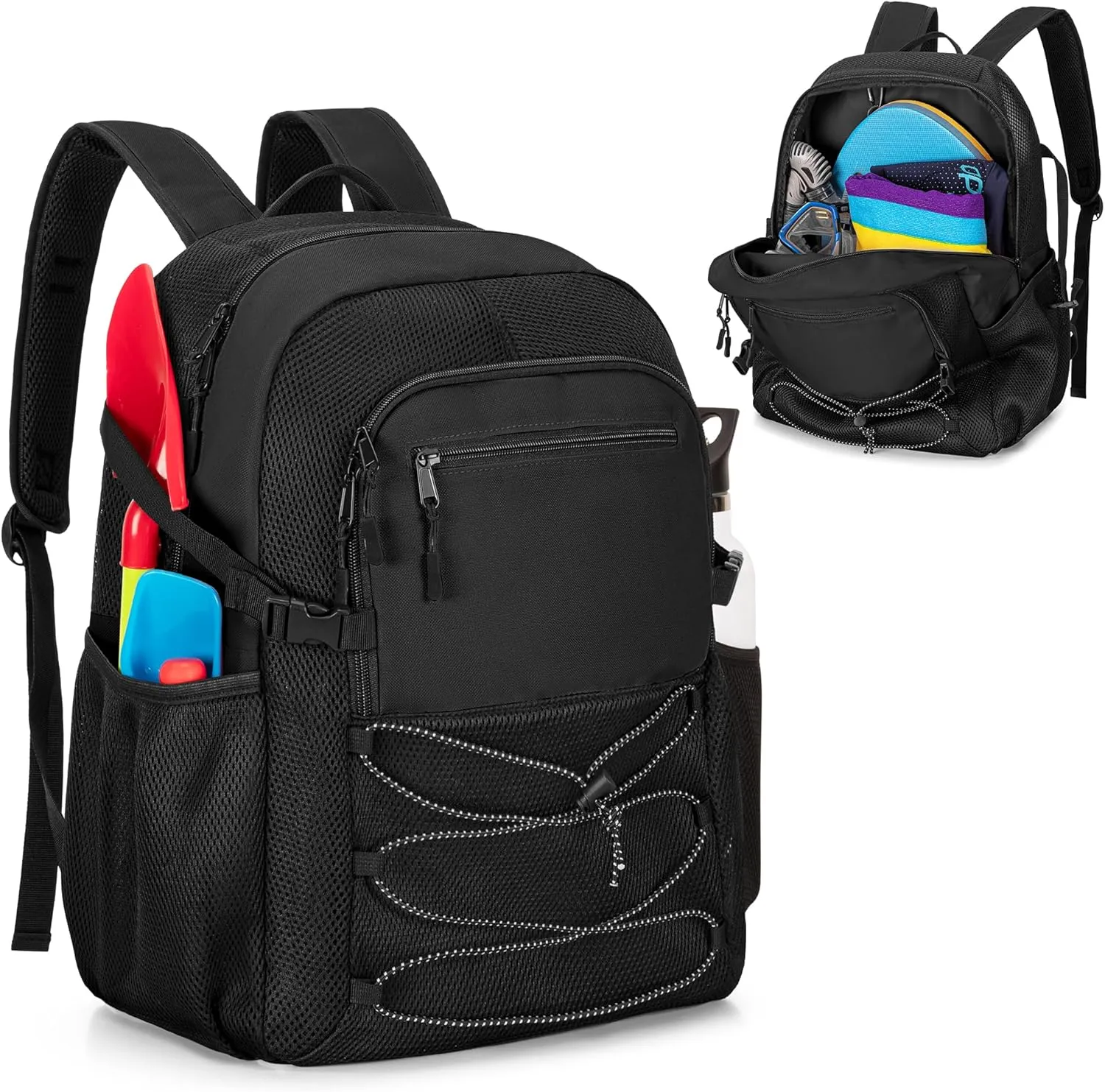 Fasrom Mesh Beach Bag Backpack with Wet Item Pocket, Swim Backpack for Pool, Travel and Gym (Patent Design, Empty Bag Only), Black