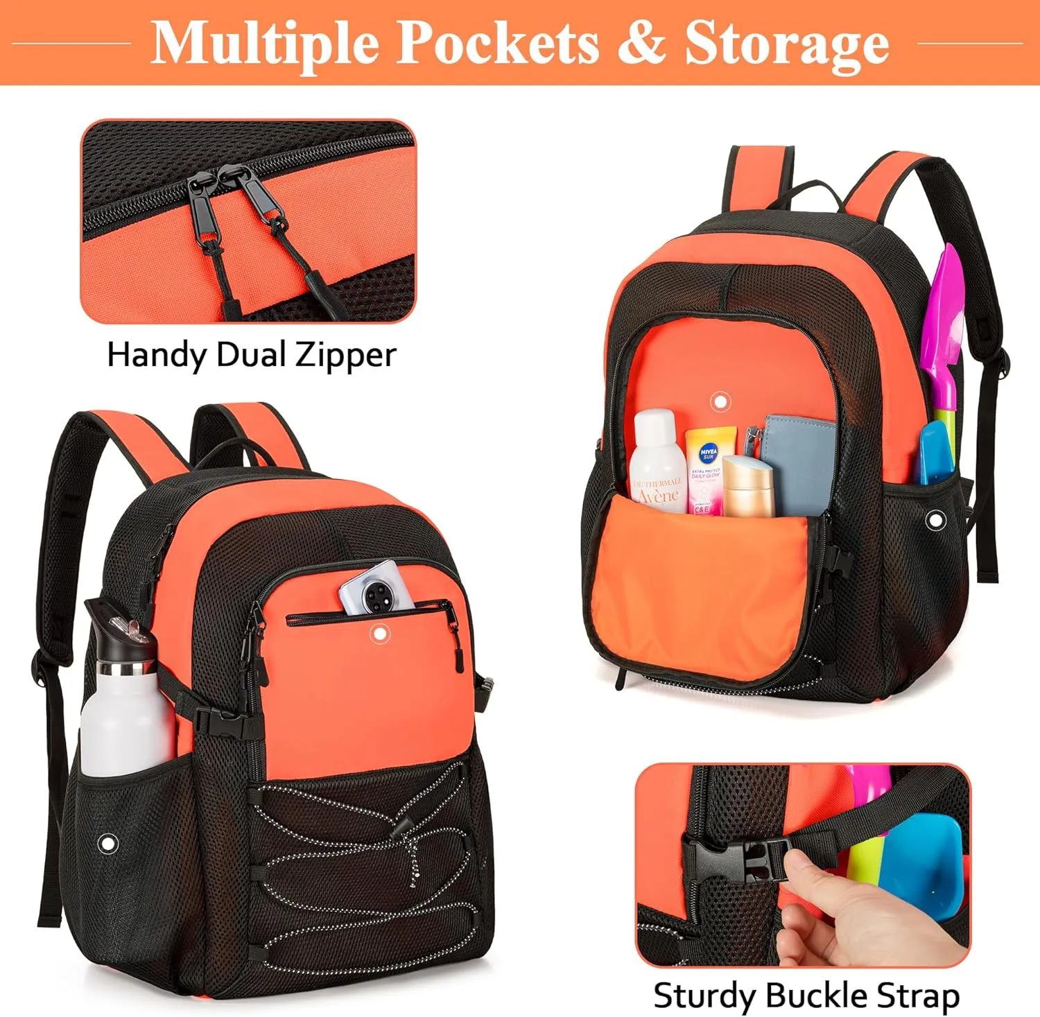 Fasrom Mesh Beach Bag Backpack with Wet Item Pocket, Swim Backpack for Pool, Travel and Gym (Patent Design, Empty Bag Only), Orange