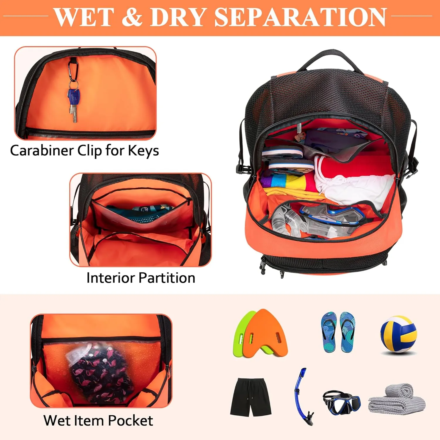 Fasrom Mesh Beach Bag Backpack with Wet Item Pocket, Swim Backpack for Pool, Travel and Gym (Patent Design, Empty Bag Only), Orange