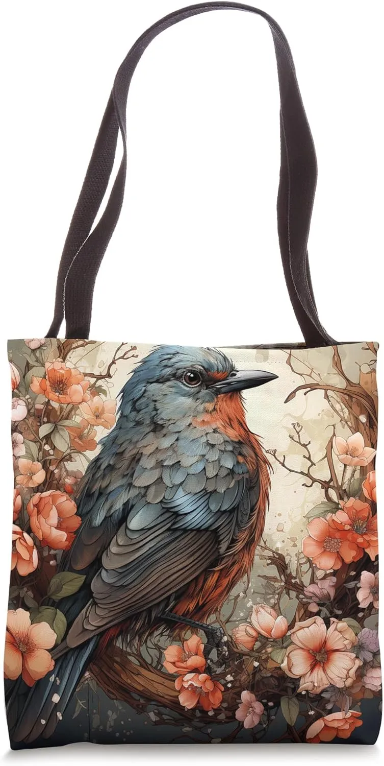 Finch With Flowers Around Boho Style Graphic Tote Bag