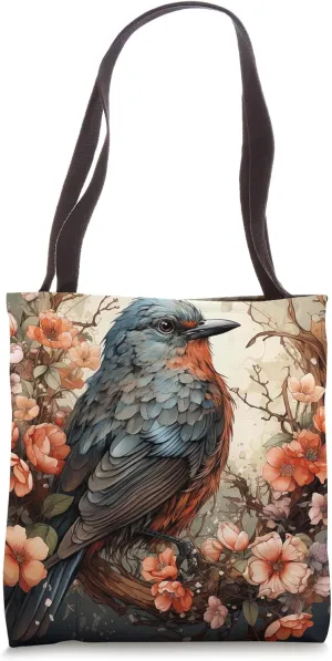 Finch With Flowers Around Boho Style Graphic Tote Bag