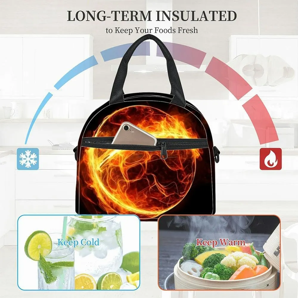 Fire Ball Fire Insulated Adult Lunch Bag with Shoulder Strap for Women Lightweight Reusable Portable Freezable Lunch Tote Bag for Work Picnic