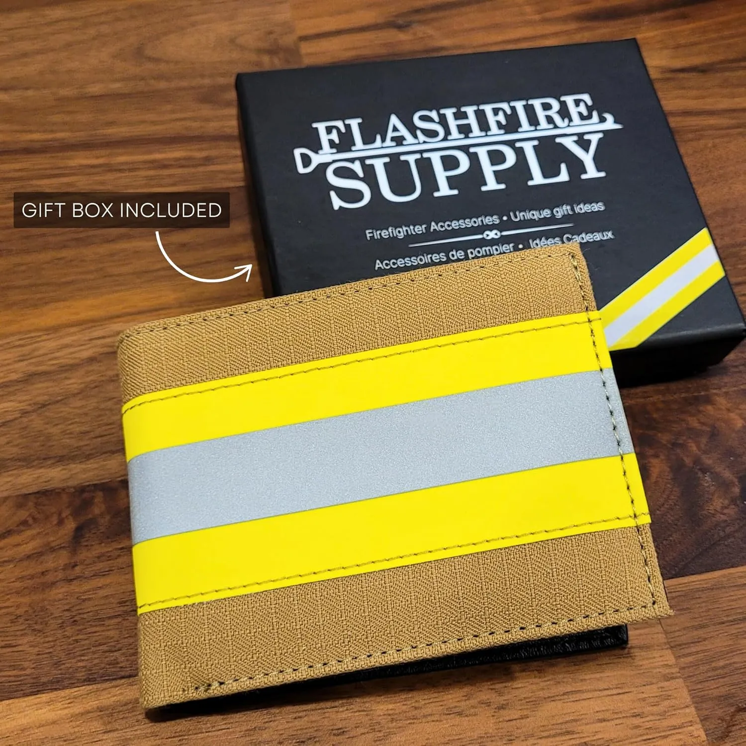 Firefighter Wallet Original Reflective Turnout Bunker Fabric Gear Men Gift RFID Protection (Beige & Yellow), Medium