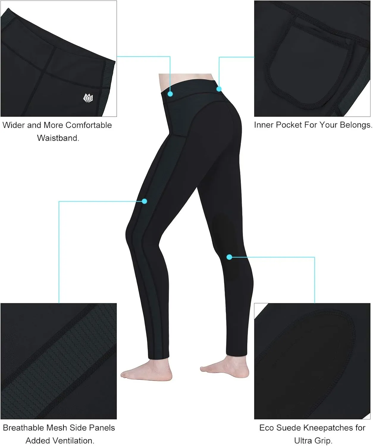 FitsT4 Sports Women's Riding Tights Knee Patch Ventilated Active Schooling Tights