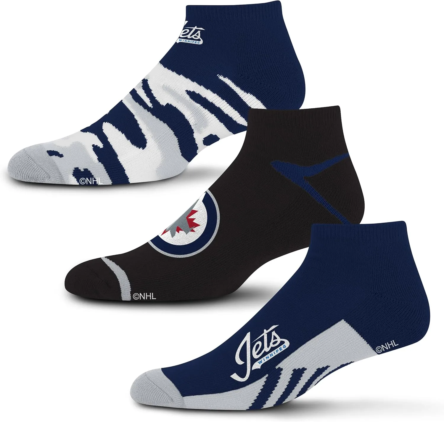 For Bare Feet NHL Winnipeg Jets CAMO BOOM 3 Pack Ankle Sock Team Colors Large