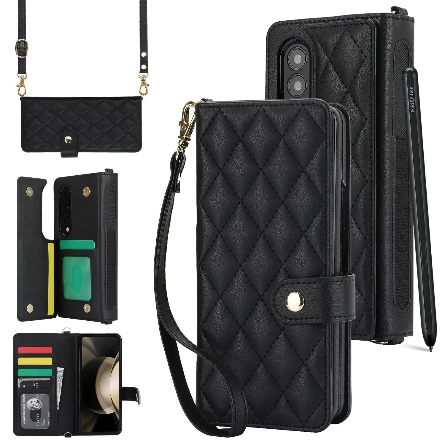 For Samsung Galaxy z Fold4 5G Multifunctional Rhombic Leather Crossbody Phone Case - Red