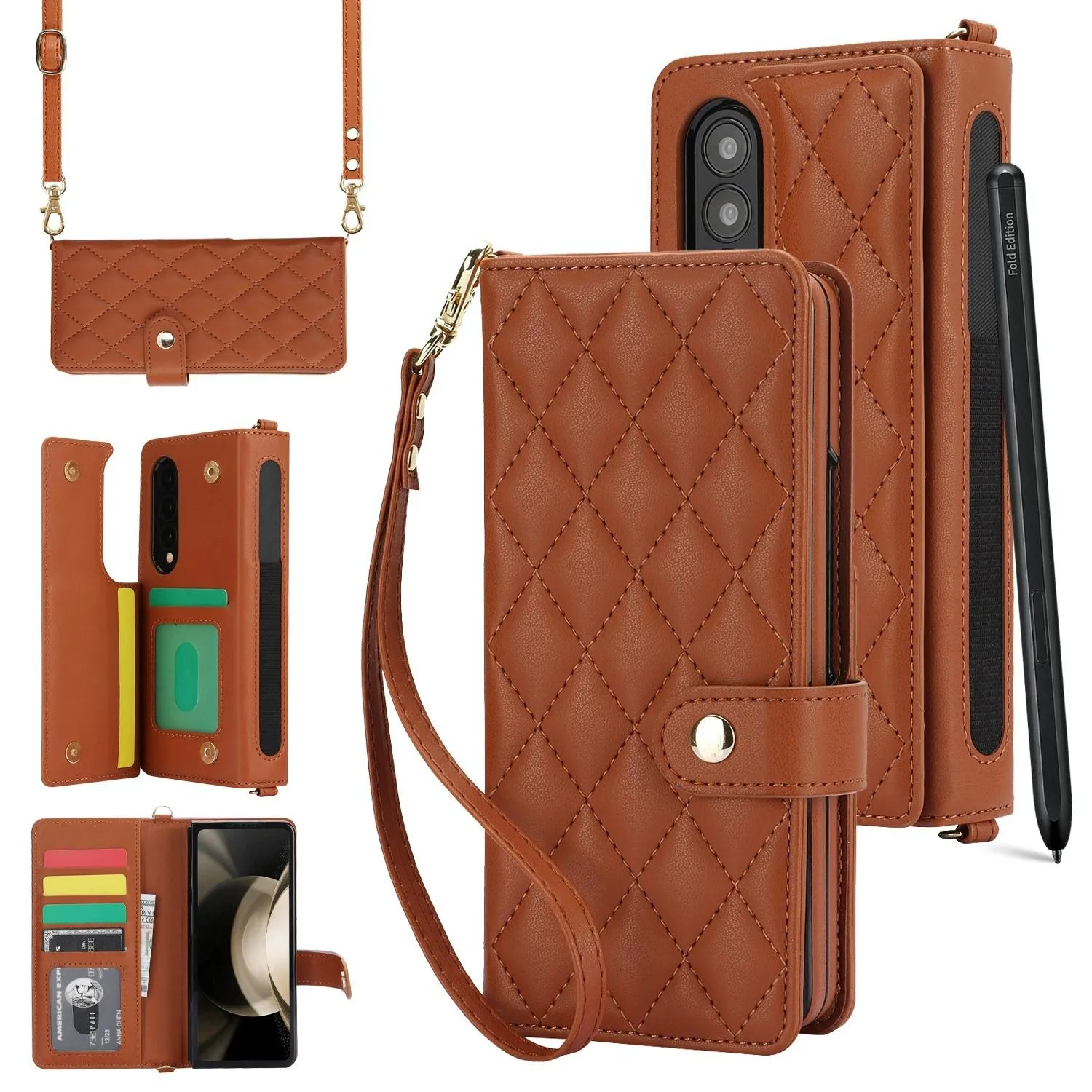 For Samsung Galaxy z Fold4 5G Multifunctional Rhombic Leather Crossbody Phone Case - Red