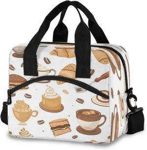 Fork Bread Cake Coffee Lunch Box for Men Women Adults Insulated Lunch Bag Cooler Bag with Adjustable Shoulder Strap for Work Picnic Travel