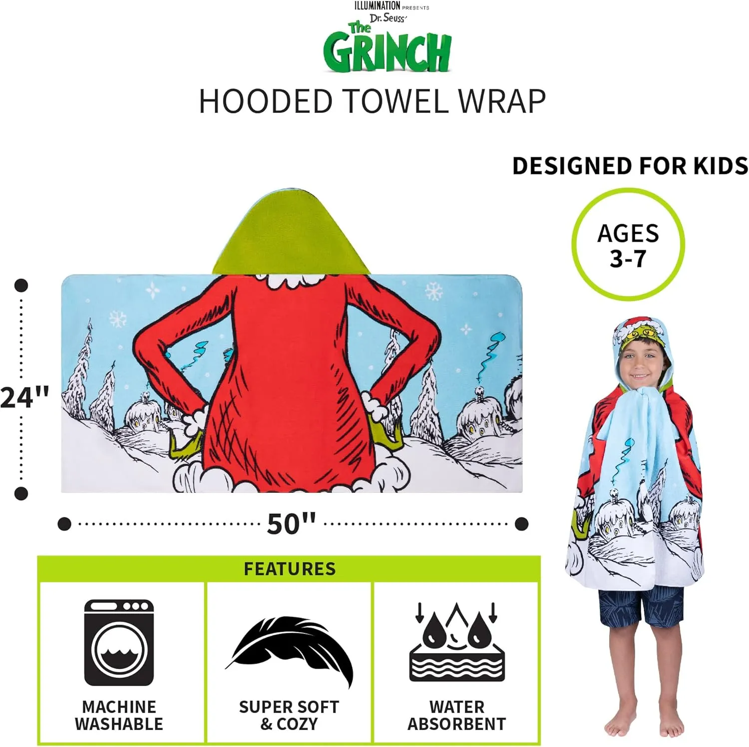 Franco Grinch by Dr. Seuss Holiday Kids Bath/Pool/Beach Soft Cotton Terry Hooded Towel Wrap, 24 in x 50 in,(Official Dr. Seuss Product)