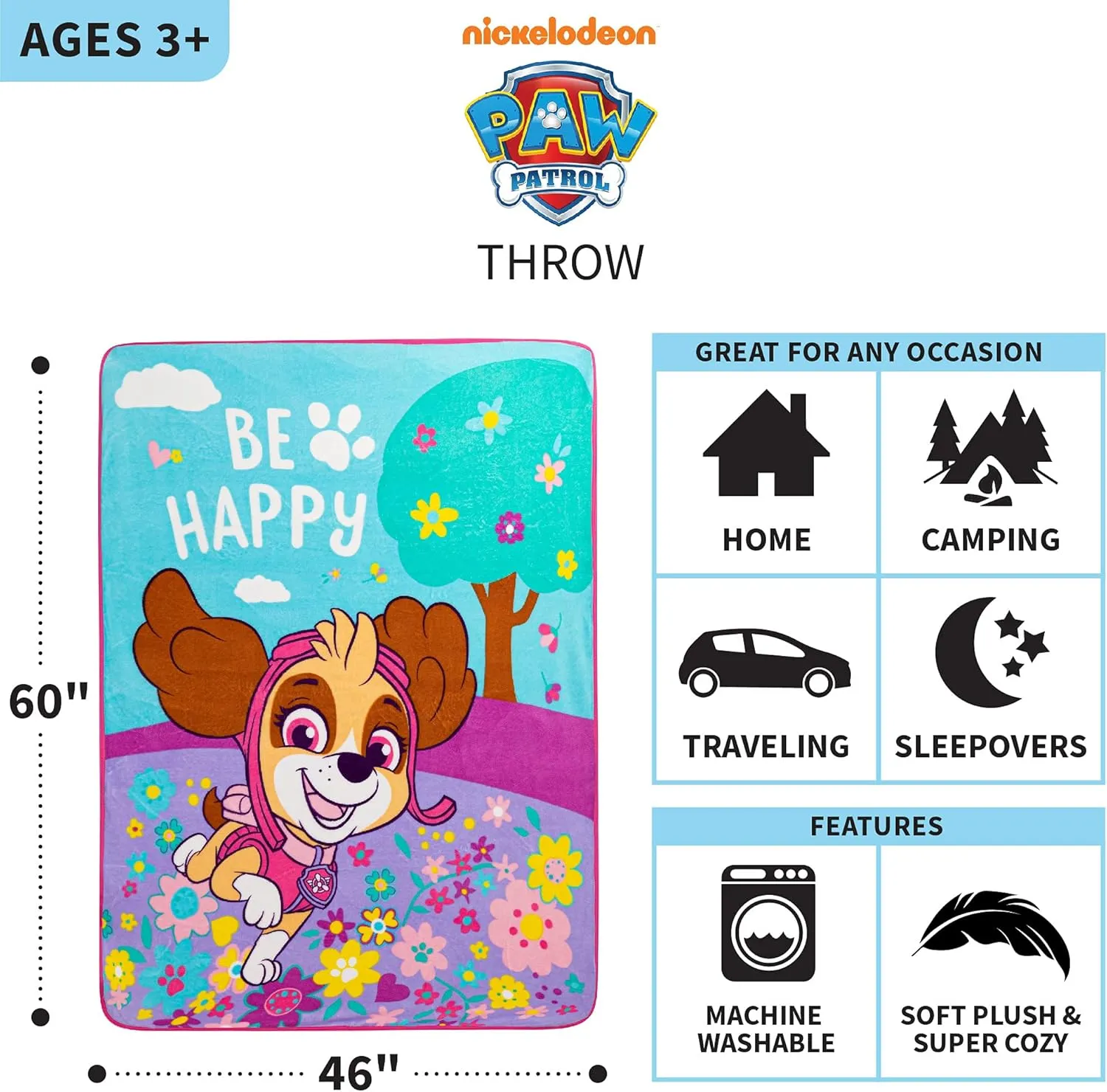 Franco Kids Bedding Super Soft Micro Raschel Throw, 46 in x 60 in, Paw Patrol Skye Girls