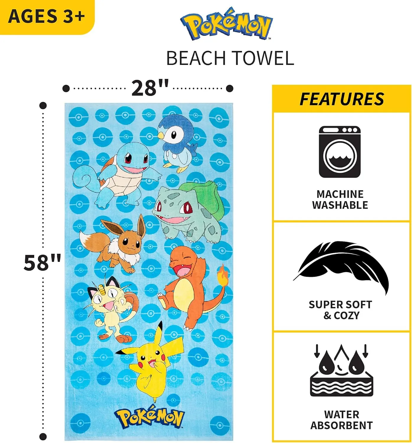 Franco Kids Super Soft Cotton Beach Towel, 58 in x 28 in, Pokemon