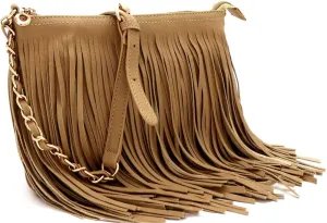 Front and Back Both Side Fringed Soft PU Leather Medium Long Cross Body Messenger Shoulder Bag