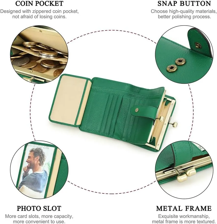 Full Grain Leather Kiss Lock Wallet for Women Kiss Clasp Coin Purse Small Bifold Card Holder with Rfid Blocking (Green)