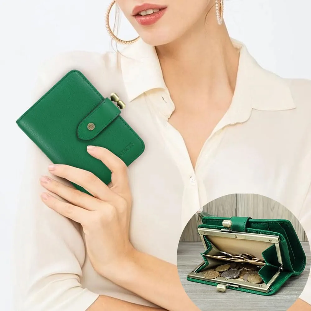 Full Grain Leather Kiss Lock Wallet for Women Kiss Clasp Coin Purse Small Bifold Card Holder with Rfid Blocking (Green)