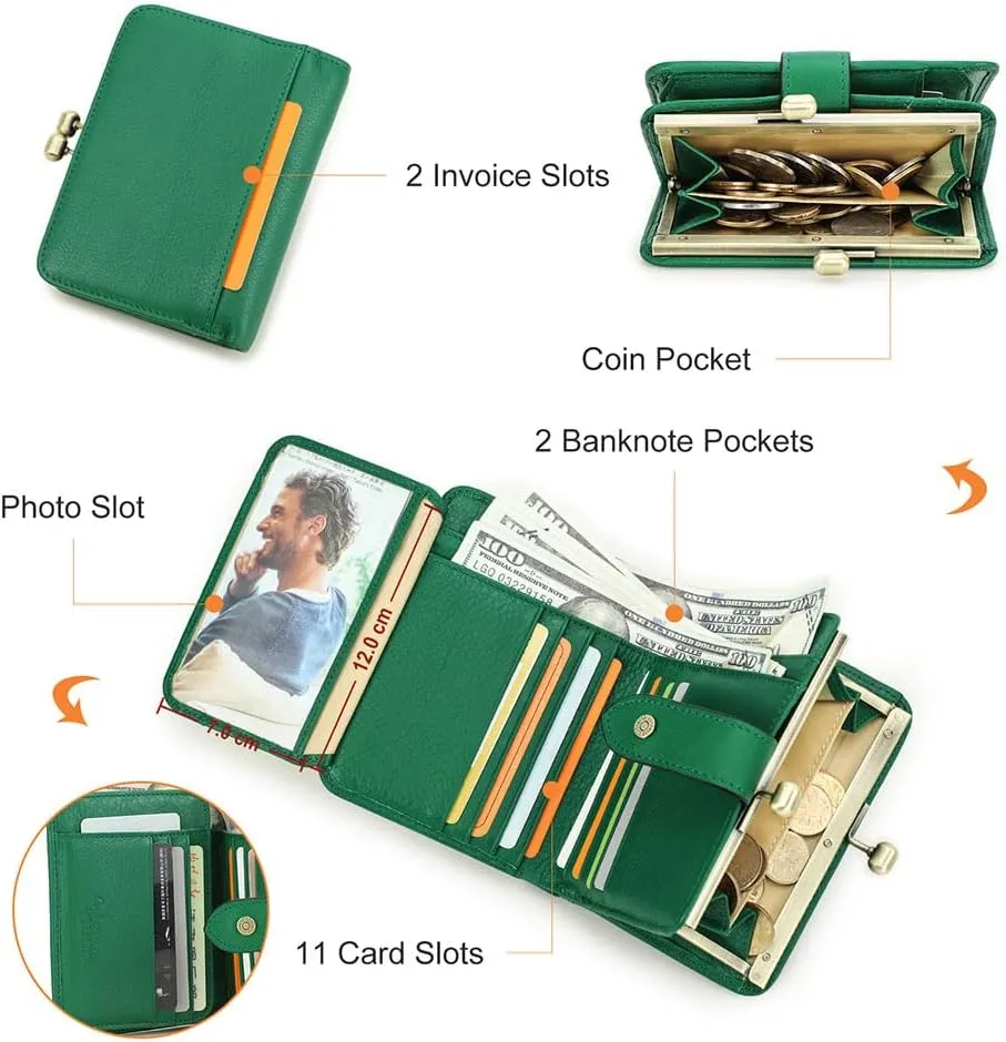 Full Grain Leather Kiss Lock Wallet for Women Kiss Clasp Coin Purse Small Bifold Card Holder with Rfid Blocking (Green)