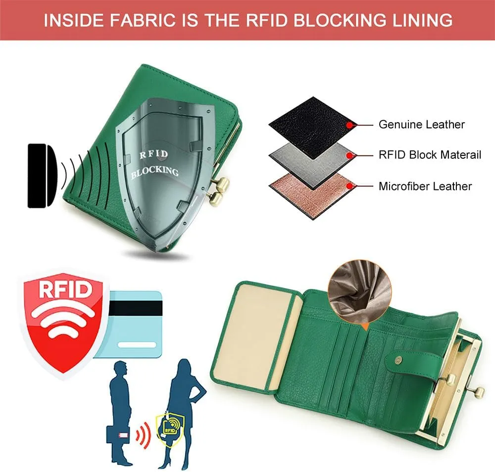 Full Grain Leather Kiss Lock Wallet for Women Kiss Clasp Coin Purse Small Bifold Card Holder with Rfid Blocking (Green)