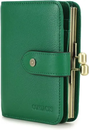Full Grain Leather Kiss Lock Wallet for Women Kiss Clasp Coin Purse Small Bifold Card Holder with Rfid Blocking (Green)