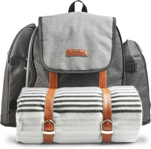 Fully equipped picnic basket back pack in grey with blanket for 4 persons