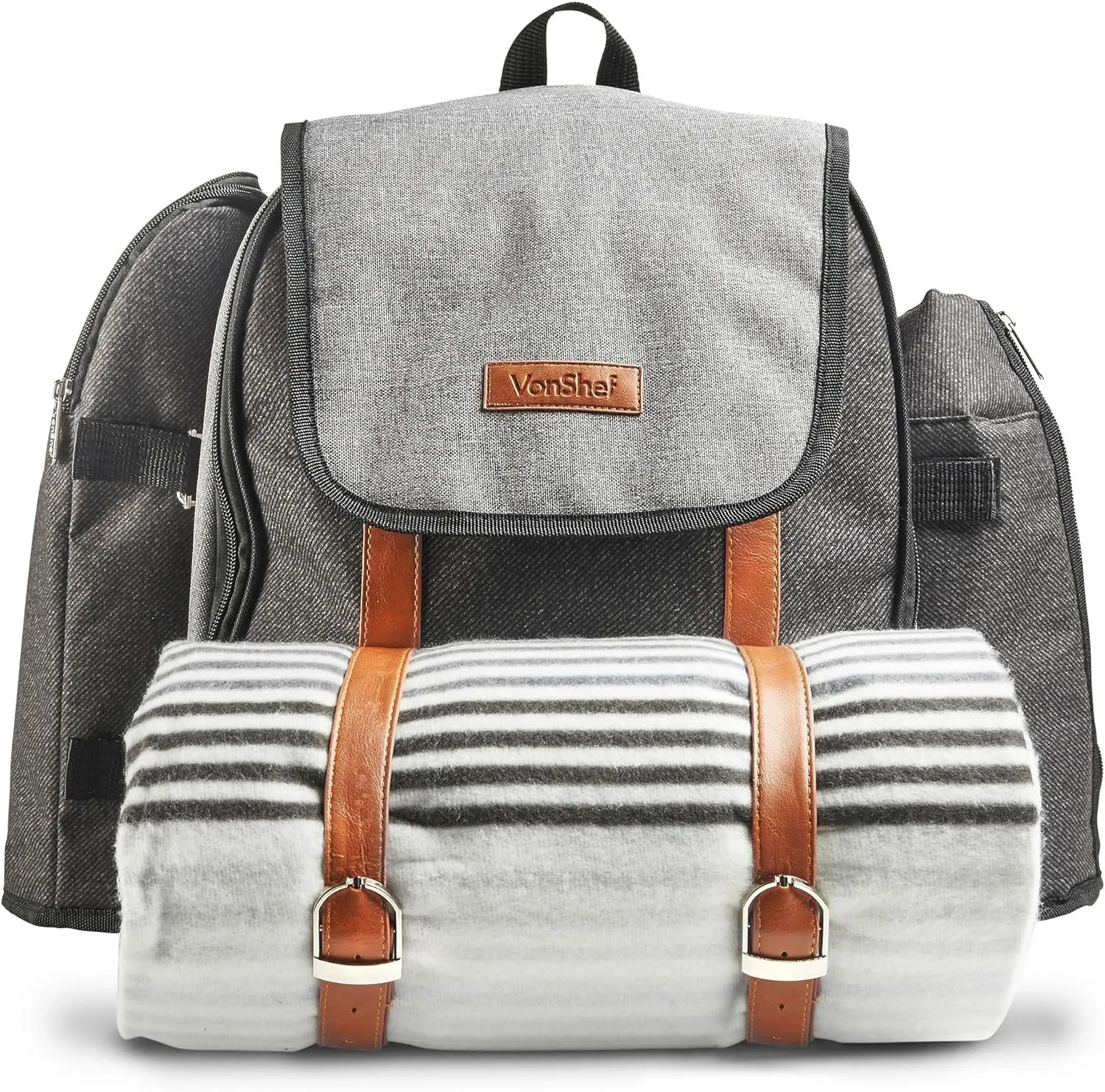 Fully equipped picnic basket back pack in grey with blanket for 4 persons