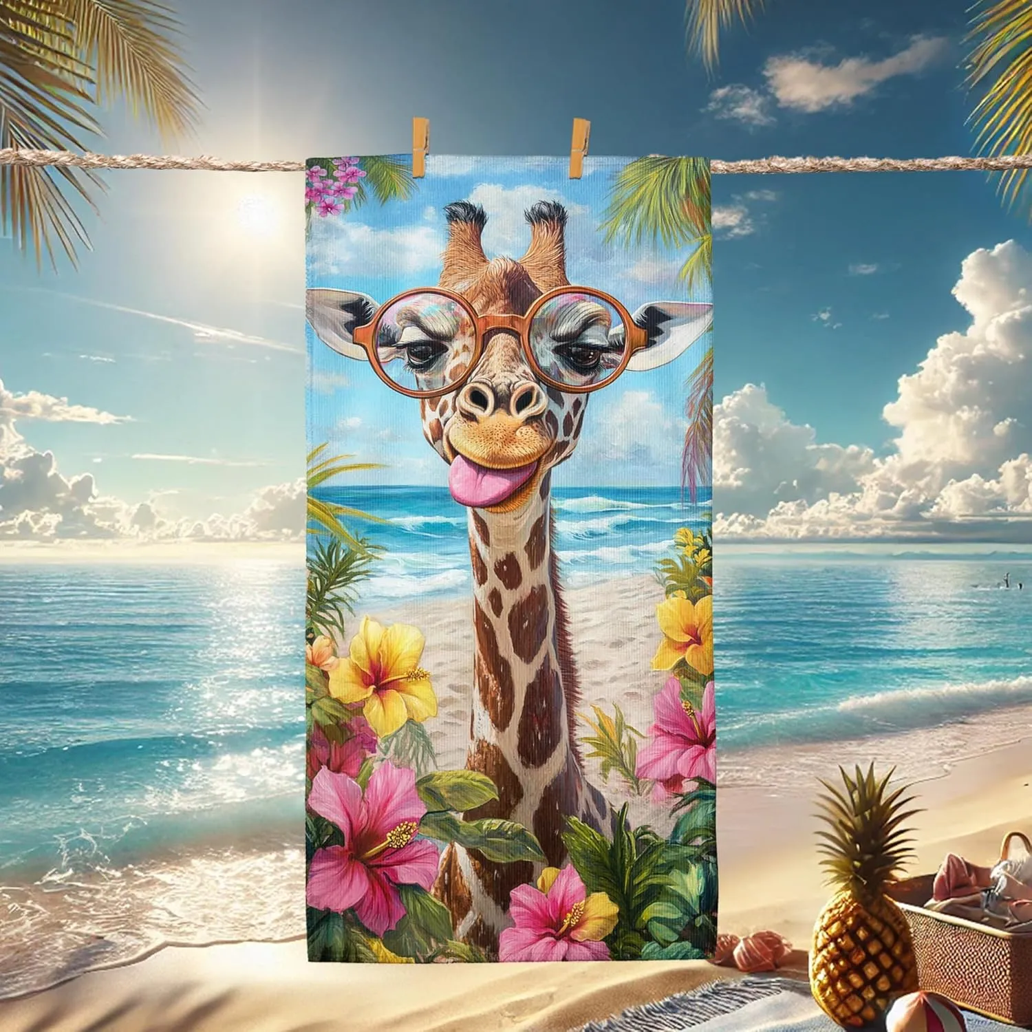 Fun Giraffe Beach Towel Colorful Floral Microfiber Quick Dry Absorbent Sand Free Soft Lightweight Pool Towel, Summer Vacation Picnic Essentials 62x31 Inch