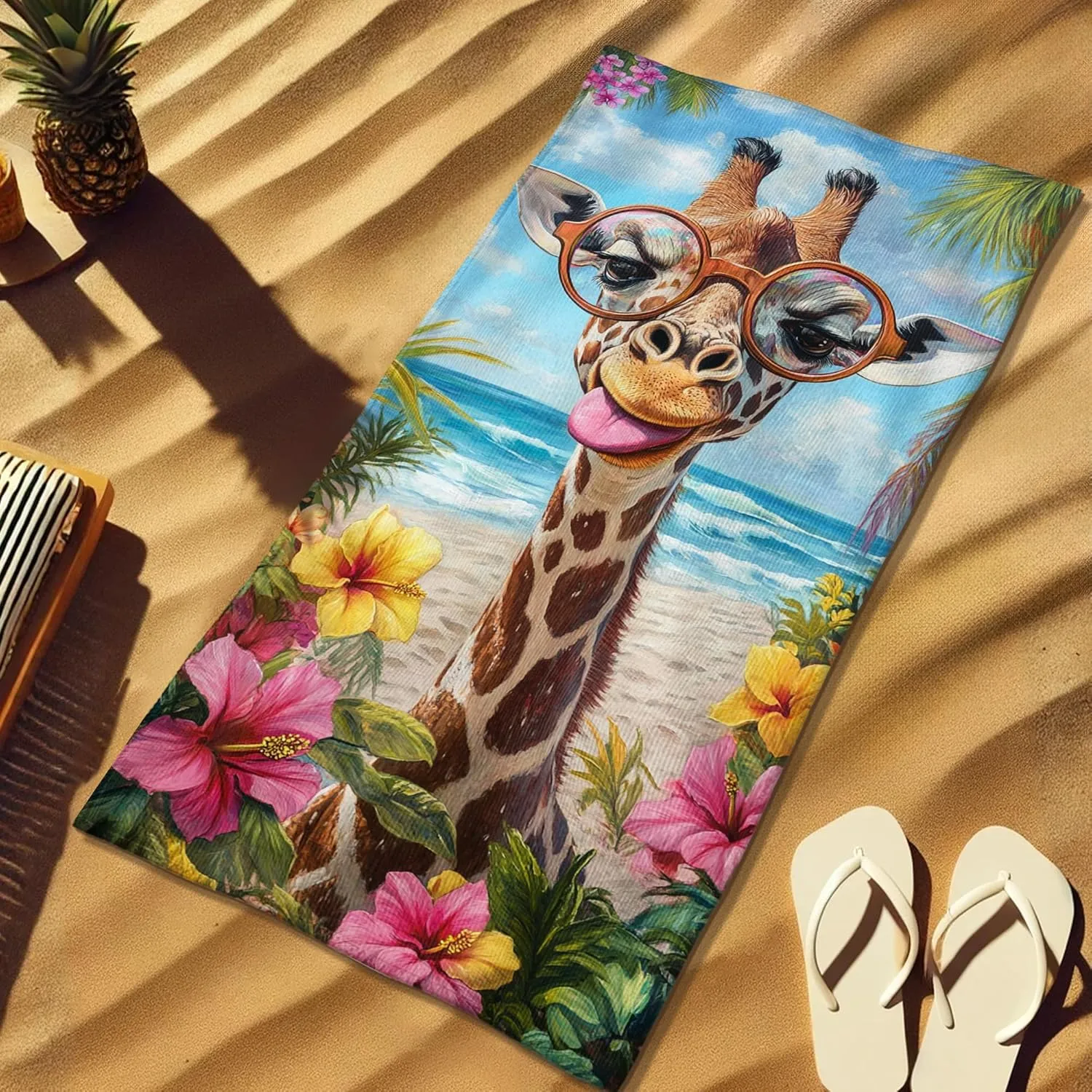 Fun Giraffe Beach Towel Colorful Floral Microfiber Quick Dry Absorbent Sand Free Soft Lightweight Pool Towel, Summer Vacation Picnic Essentials 62x31 Inch