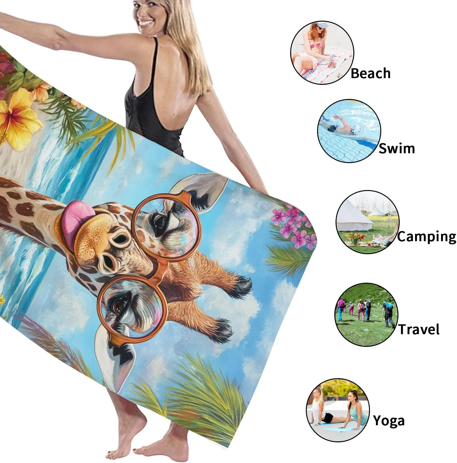 Fun Giraffe Beach Towel Colorful Floral Microfiber Quick Dry Absorbent Sand Free Soft Lightweight Pool Towel, Summer Vacation Picnic Essentials 62x31 Inch