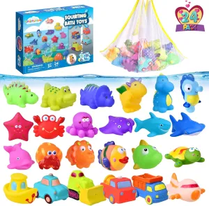FUN LITTLE TOYS 24 Pcs Bath Toys for Toddlers, Sea Animals & Cars Squirter Water Toys,Bathtub Toys with Storage Bag, Baby Bath Toys, Toddler Pool Toys for Kids Party Favors Age1-3