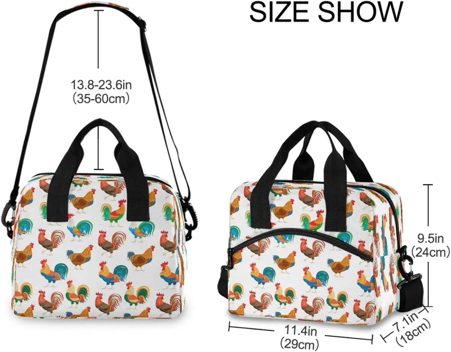 Funny Roosters Chickens Insulated Lunch Tote Bag Farm Cock Animal Reusable Cooler Lunch Box with Shoulder Strap for Women Men Work Picnic School Beach