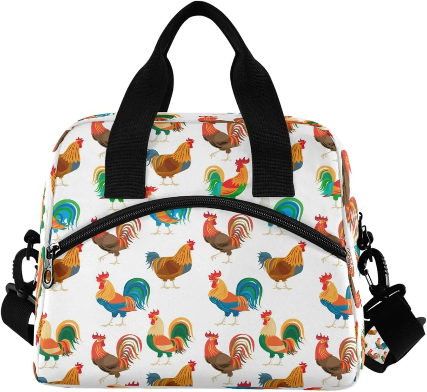 Funny Roosters Chickens Insulated Lunch Tote Bag Farm Cock Animal Reusable Cooler Lunch Box with Shoulder Strap for Women Men Work Picnic School Beach