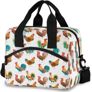 Funny Roosters Chickens Insulated Lunch Tote Bag Farm Cock Animal Reusable Cooler Lunch Box with Shoulder Strap for Women Men Work Picnic School Beach