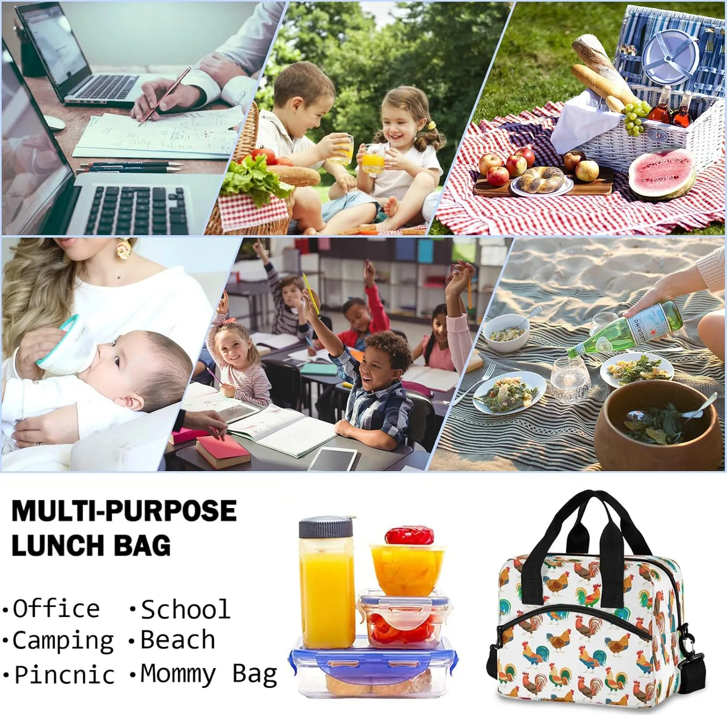 Funny Roosters Chickens Insulated Lunch Tote Bag Farm Cock Animal Reusable Cooler Lunch Box with Shoulder Strap for Women Men Work Picnic School Beach