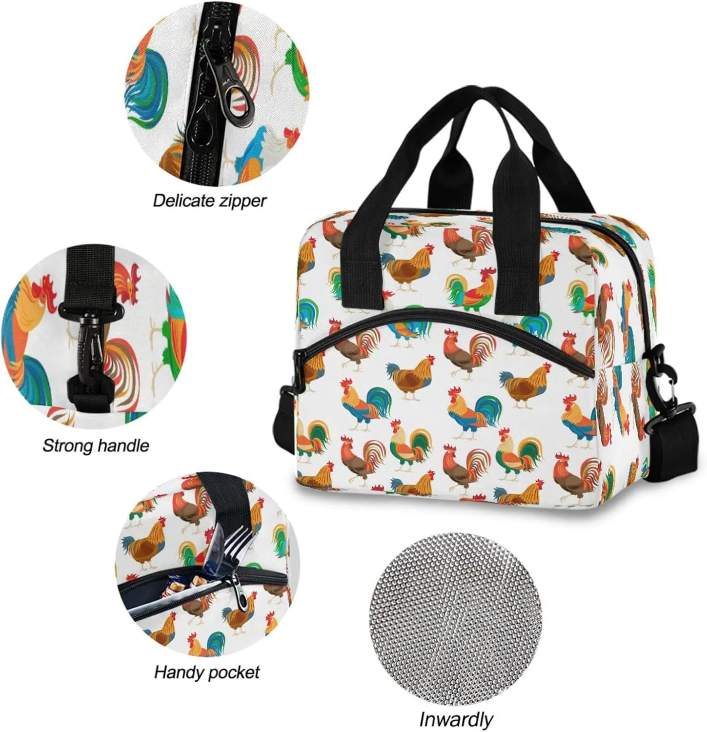 Funny Roosters Chickens Insulated Lunch Tote Bag Farm Cock Animal Reusable Cooler Lunch Box with Shoulder Strap for Women Men Work Picnic School Beach