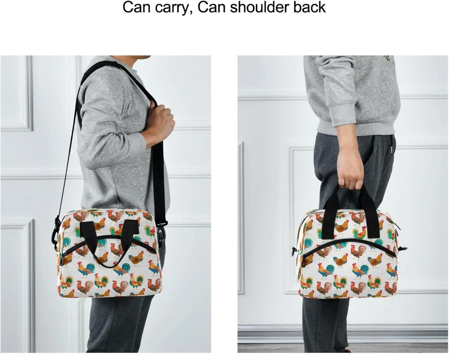 Funny Roosters Chickens Insulated Lunch Tote Bag Farm Cock Animal Reusable Cooler Lunch Box with Shoulder Strap for Women Men Work Picnic School Beach