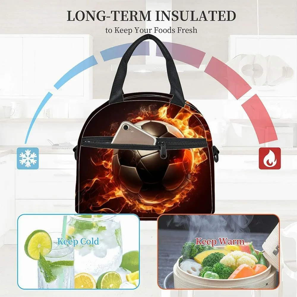 Fussball flamme copy space Generative Insulated Adult Lunch Bag with Shoulder Strap for Women Lightweight Reusable Portable Freezable Lunch Tote Bag for Work Picnic