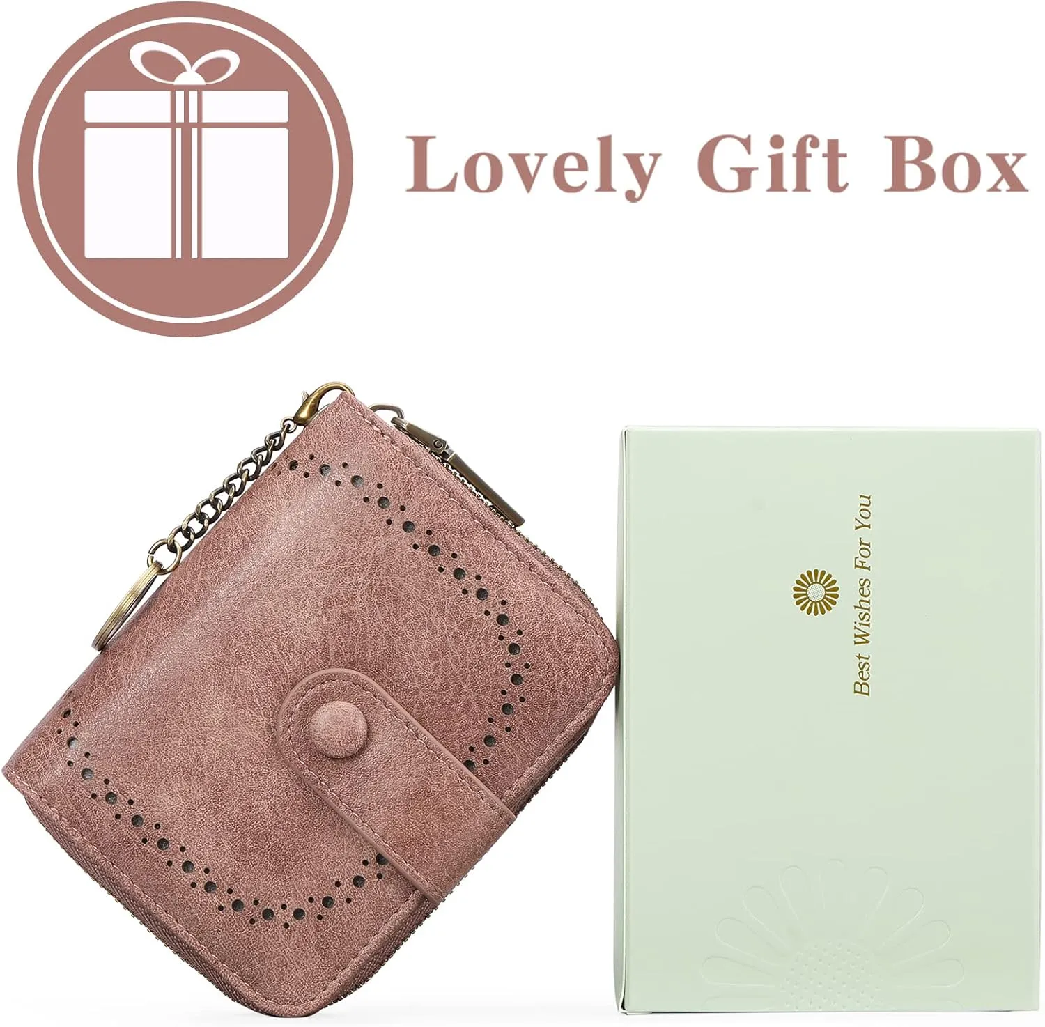 GAEKEAO Leather Credit Card Holder Small Wallet for Women RFID Blocking Bifold Zipper Card Case Organizer Wallet with Keychain