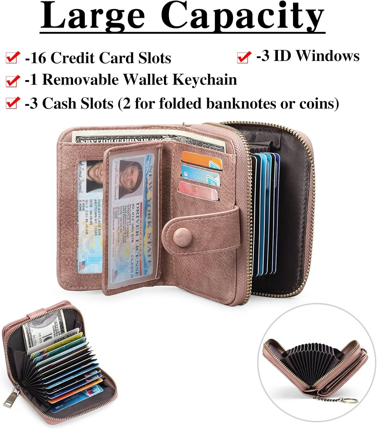 GAEKEAO Leather Credit Card Holder Small Wallet for Women RFID Blocking Bifold Zipper Card Case Organizer Wallet with Keychain
