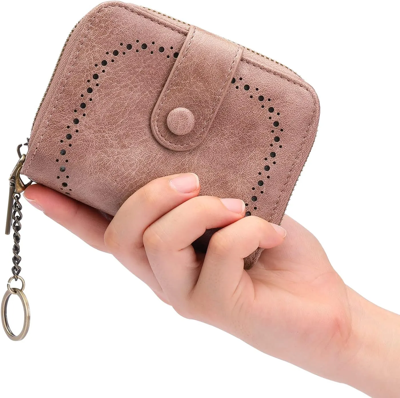 GAEKEAO Leather Credit Card Holder Small Wallet for Women RFID Blocking Bifold Zipper Card Case Organizer Wallet with Keychain
