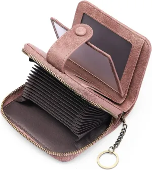 GAEKEAO Leather Credit Card Holder Small Wallet for Women RFID Blocking Bifold Zipper Card Case Organizer Wallet with Keychain