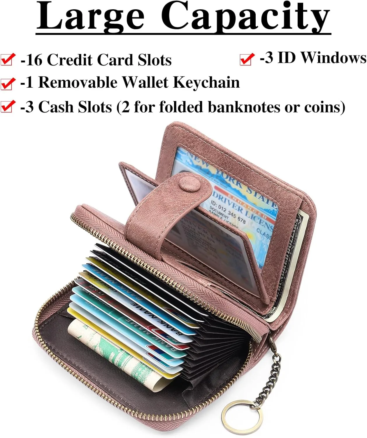 GAEKEAO Leather Credit Card Holder Small Wallet for Women RFID Blocking Bifold Zipper Card Case Organizer Wallet with Keychain