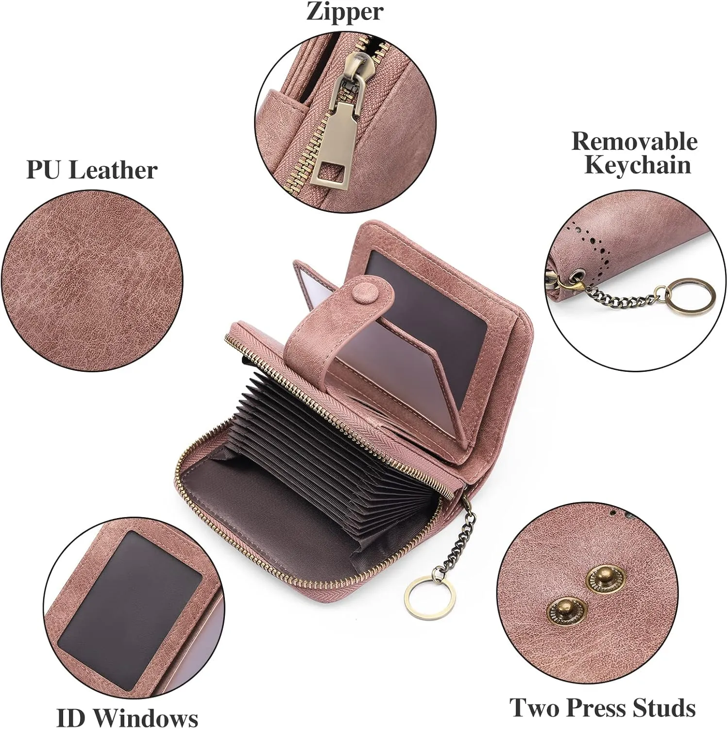 GAEKEAO Leather Credit Card Holder Small Wallet for Women RFID Blocking Bifold Zipper Card Case Organizer Wallet with Keychain