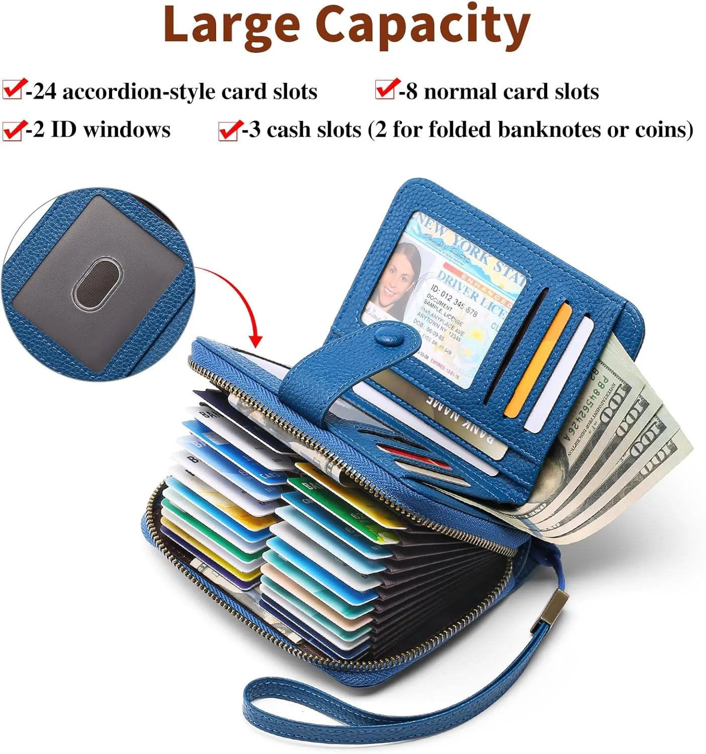 GAEKEAO Leather Credit Card Holder Wallet for Women RFID Blocking Large Capacity Bifold Zipper Card Case Organizer with Wristlet 32 Slots
