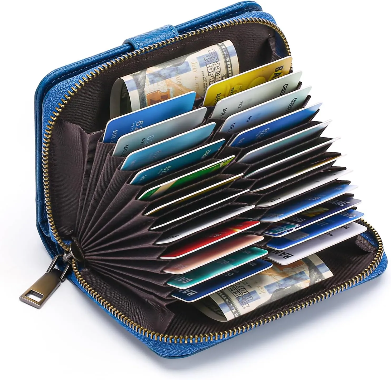 GAEKEAO Leather Credit Card Holder Wallet for Women RFID Blocking Large Capacity Bifold Zipper Card Case Organizer with Wristlet 32 Slots