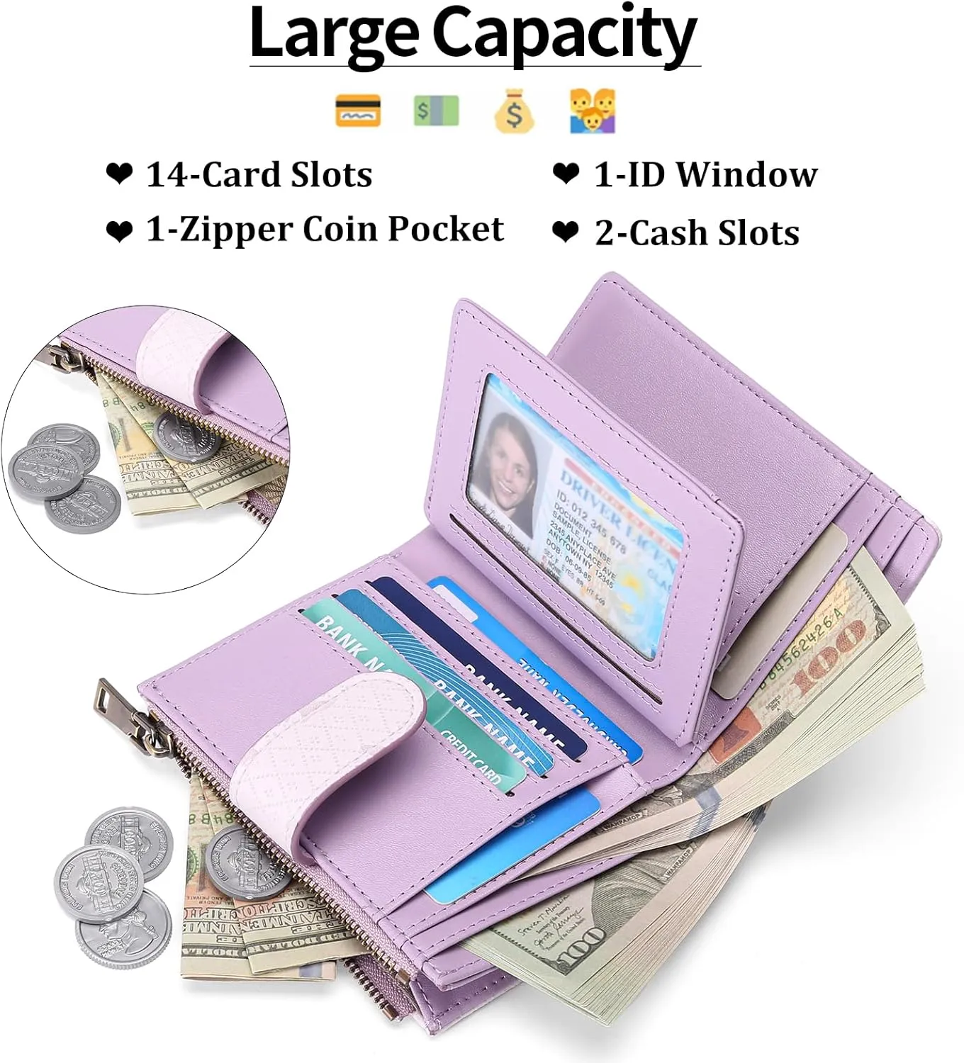 GAEKEAO Small Wallets for Women Leather RFID Blocking Bifold Zipper Pocket Wallet Card Case Purse with ID Window