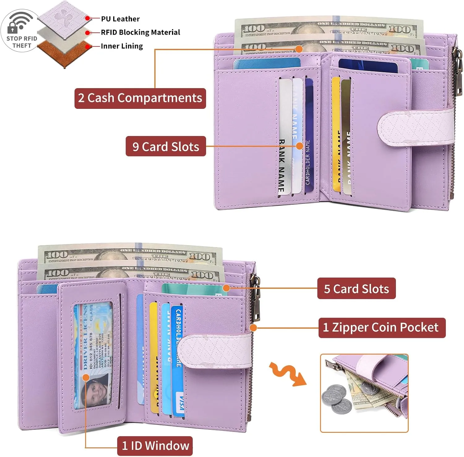 GAEKEAO Small Wallets for Women Leather RFID Blocking Bifold Zipper Pocket Wallet Card Case Purse with ID Window