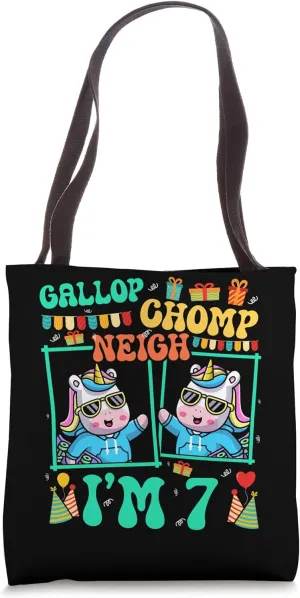 Gallop Chomp Neigh I'm 7 Unicorn Lover Kid 7th Birthday Tote Bag