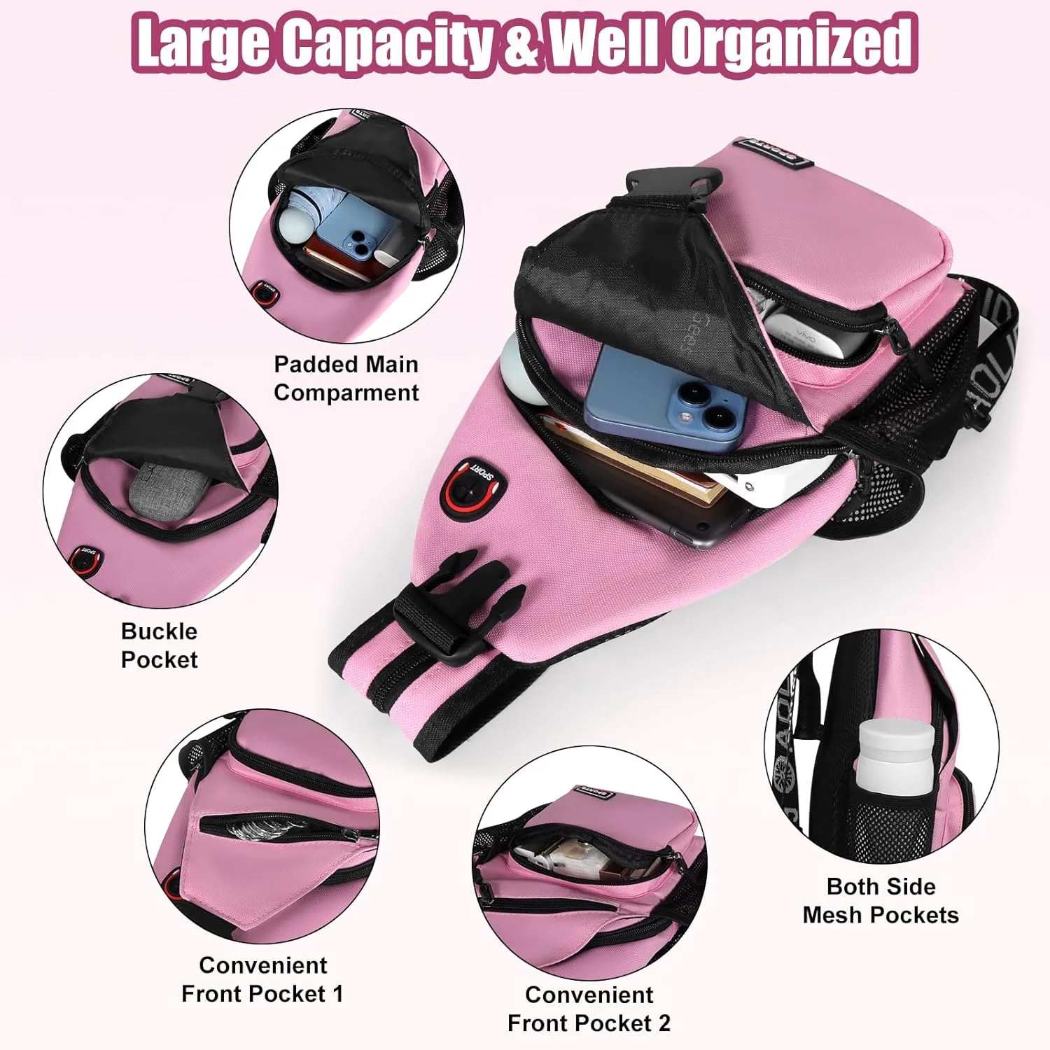 Geestock Crossbody Sling Bag Backpack for Men & Women, Convertible Shoulder Bag Waterproof Chest Bag for Daypack Travel Hiking (Pink)