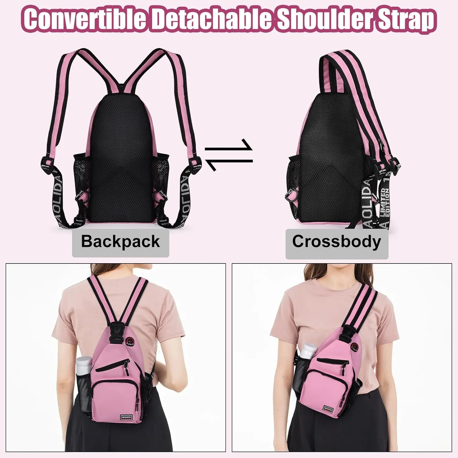 Geestock Crossbody Sling Bag Backpack for Men & Women, Convertible Shoulder Bag Waterproof Chest Bag for Daypack Travel Hiking (Pink)