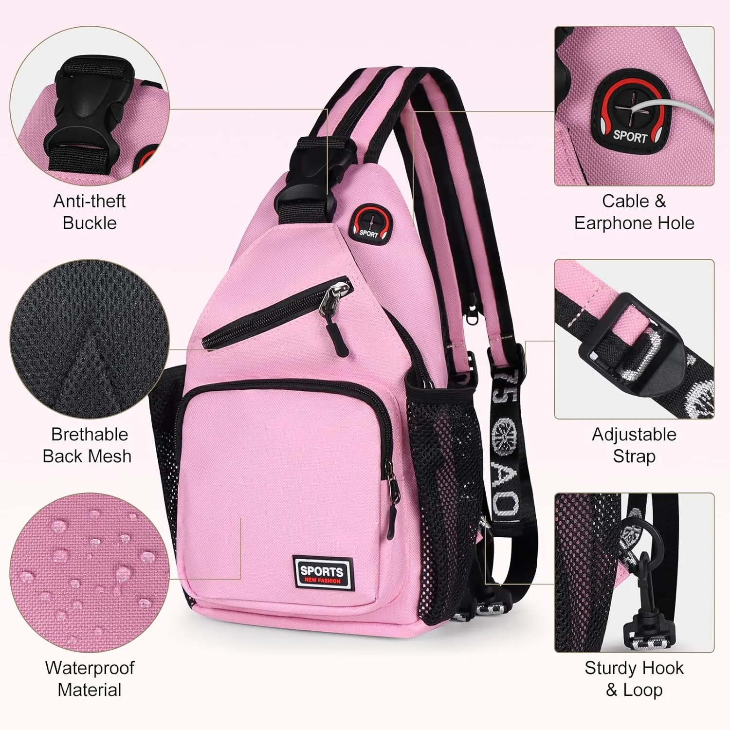 Geestock Crossbody Sling Bag Backpack for Men & Women, Convertible Shoulder Bag Waterproof Chest Bag for Daypack Travel Hiking (Pink)